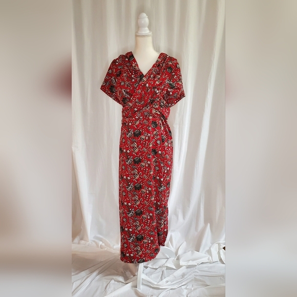 Making the Cut S3 Ep5 Red Floral Pattern Sash Wrapped Midi Dress Womens Size 2XL - Picture 5 of 12